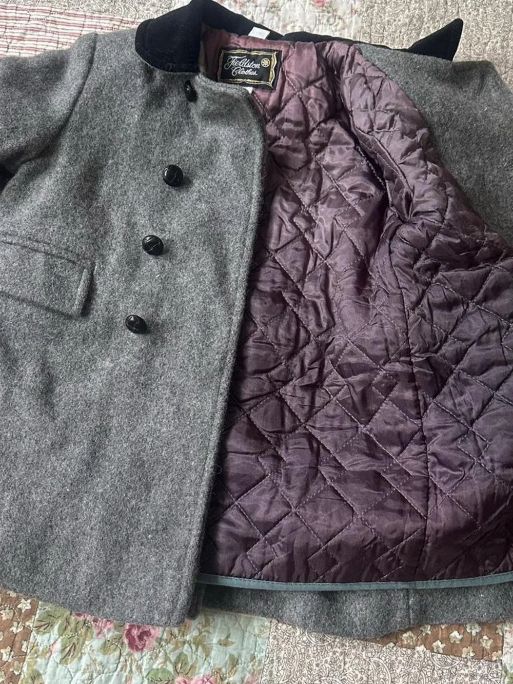 Fieldston vintage kids' gray wool coat w/ black velvet trim
